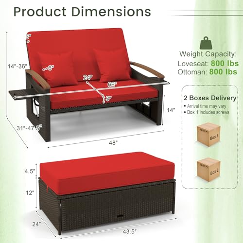 Tangkula Patio Rattan Daybed with 4-Level Adjustable Backrest, Outdoor Wicker Loveseat with Acacia Wood Armrest, Storage Ottoman & Folding Tray, Double Sunbed for Balcony, Backyard & Poolside, Red Tangkula