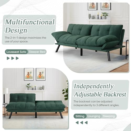 Convertible Velvet Futon Sofa Bed, Comfy 72" L Sleeper Couch with Thicker Cushion, Upholstered Modern Reclining Loveseat Folding Sofa for Small Living Room, Dorm, Apartment, Office, Emerald Antetek
