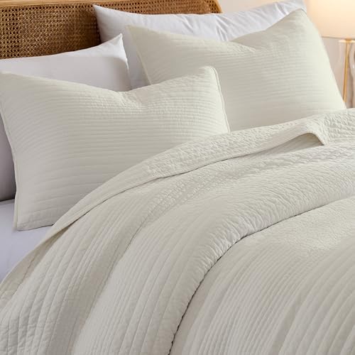 palassio Striped Beige 100% Cotton Quilt Queen Size Bedding Sets, Lightweight Crinkly Channel Pick Stitch Textured Bedspread Soft Shabby Chic Farmhouse Country Coverlet for All Season, 2 Shams palassio