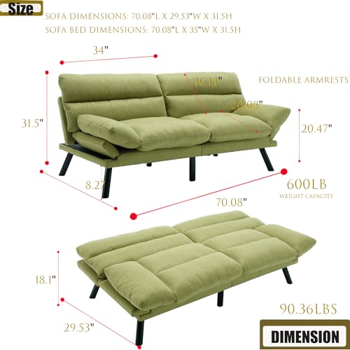 70" Green Modern Linen Convertible Folding Futon Couch Sofa Bed Adjustable Pillow Top Arm Memory Foam Couch Double Loveseat Sofa for Compact Living Space,Dorm,Game Studio,Apartment,Bedroom Klwenas Maec