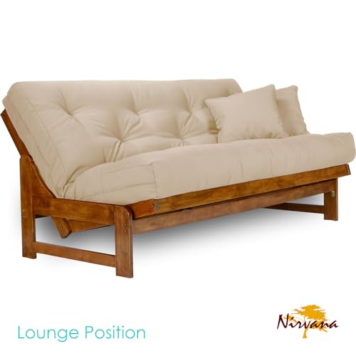 Arden Futon Set - Full Size Futon Frame with Mattress Included (8 Inch Thick Mattress, Twill Khaki Color), Heavy Duty Wood, Popular Sofa Bed Choice Nirvana Futons