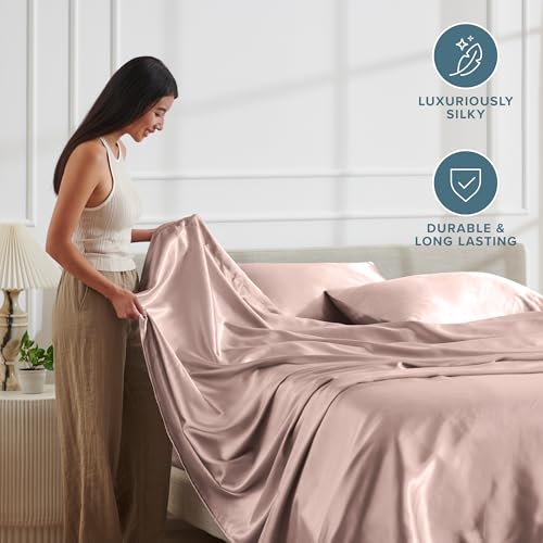 Bare Home Poly Satin Sheet Set - Twin Extra Long - Luxury Soft and Smooth Satin - for Hair and Skin - Breathable - Similar to Silk - Deep Pocket up to 15” - Bedding Sheet Set (Twin XL, Blush) Bare Home