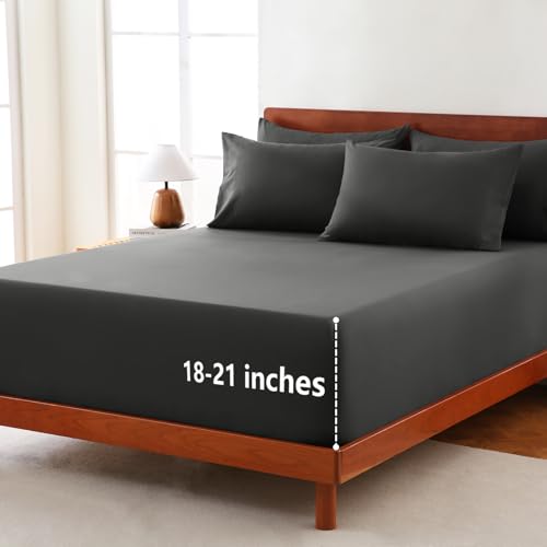 CozyLux Extra Deep Pocket Queen Sheet Set - 6 Piece Sheets Queen Size Bed Set - Fits Up to 21 inches Mattresses Queen Sheets，Breathable Queen Bed Sheets & Pillowcases - Easy & Secure Fit, Dark Grey CozyLux