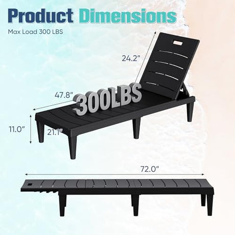 Devoko Outdoor Chaise Lounge Chair Set of 2 with 5-Position Adjustable Back, Waterproof & Lightweight PP Lounge Chairs for Outside Pool Patio (Black) Devoko