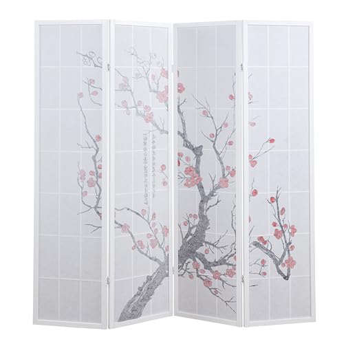 Roundhill Furniture White Japanese 4-Panel Screen Room Divider, Plum Blossom Roundhill Furniture