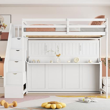 MaiDeHaoo Murphy Bunk Beds Full Bunk Bed with Desk and Storage - White MaiDeHaoo
