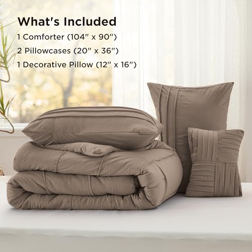 Bedsure Brown King Size Comforter Set - 4 Pieces Pinch Pleat Bed Set, Down Alternative Bedding Sets for All Season, 1 Comforter, 2 Pillowcases, 1 Decorative Pillow Bedsure