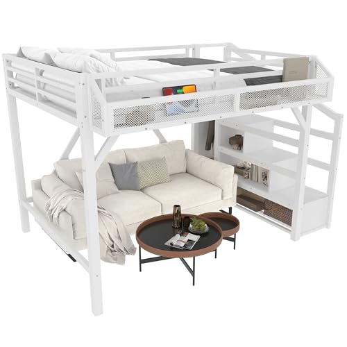 Bellemave Metal Full Size Loft Bed with Stairs and Wardrobe,Heavy Duty Loft Bed Frame with LED Lights and Charging Station for for Kids,Teens,Adults,White Bellemave