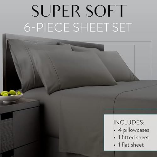Danjor Linens Bed Sheet Set King Size for Hot Sleepers, Hotel Premium Sheets with 4 Pillowcases, Lightweight Brushed Microfiber Deep Pockets, Breathable Cooling 6 Piece Bedding Sets, Gray Danjor Linens