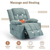 Korser Adult 360° Swivel Rocking Recliner, Nursery Rocking Chair with Massage and Heating Function, Cup Holder, Manually Adjustable Seat for Living Room and Bedroom (Fabric, Lake Blue)