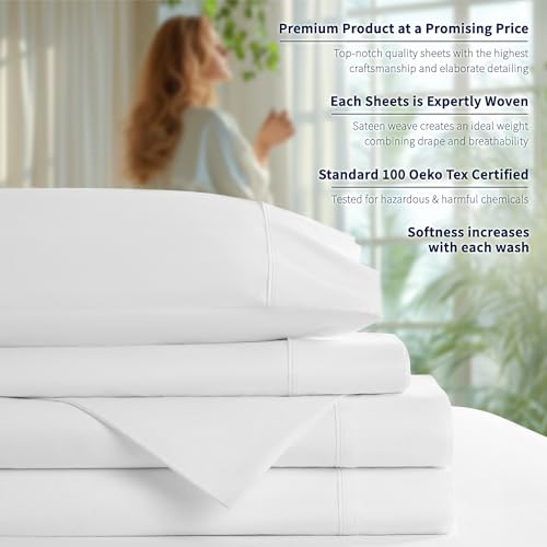 Shilucheng 100% Cotton Queen Size Sheets Set - 600 Thread Count，Luxury Egyptian Cotton Bed Sheets，5-Star Hotel Quality Sheets, Breathable & Cooling, 16 Inch Deep Pocket - 4 Piece (White, Queen)