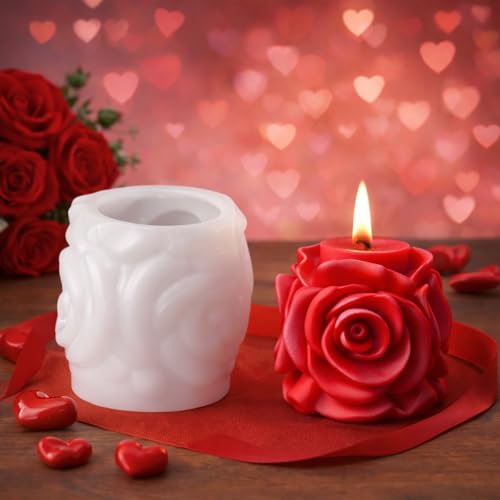 Rose Candle Molds Valentines Rose Silicone Mold Flower Shape Soap Molds Roses Flower Column Candle Molds for Candles Making Soap DIY Polymer Clay Craft Plaste Epoxy Resin Valentine Mother Day Decor