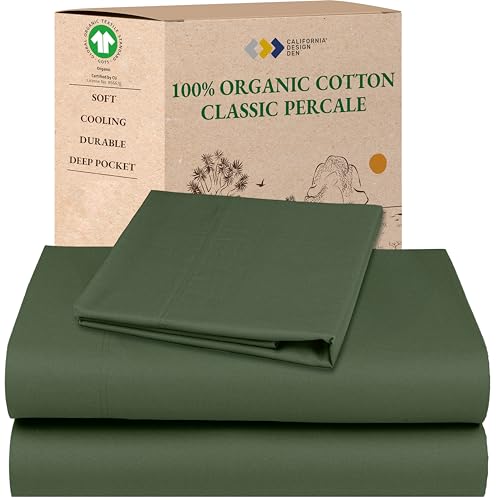 California Design Den Twin XL Sheets Cotton Set - Soft 100% Organic Cotton Sheets, Deep Pockets, Crisp Percale, Breathable and Durable Bedding Set for Dorms, Hospitals - Olive Green California Design Den