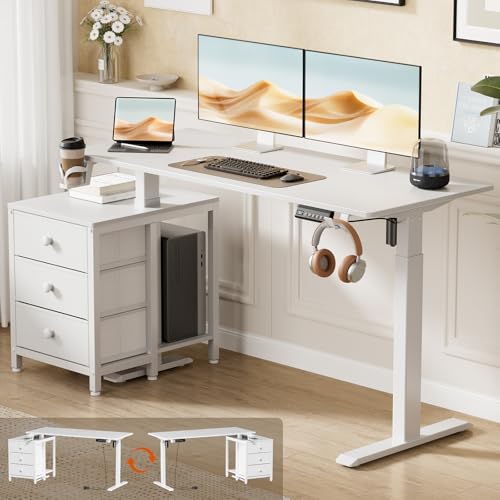 REAHOME Electric Standing Desk with Drawers, 55 x 24 Inches Height Adjustable Sit Stand Desk with Storage, 3 Memory Preset Home Office Computer Desk, Printer Cabinet, 2 Hooks, Cable Management, White REAHOME