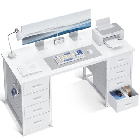ODK 48 Inch White Computer Desk with 8 Fabric Drawers, Modern Office Desk with Large Storage for Home Office, Study, Gaming, White ODK