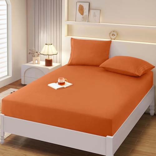 vveiiye King Fitted Sheet with 2 Pillowcase Soft Microfiber Sheet Set 16" Deep Pocket Bed Sheets, Wrinkle Free and Easy Care Bottom Sheet for King Size Bed, Burnt Orange vveiiye