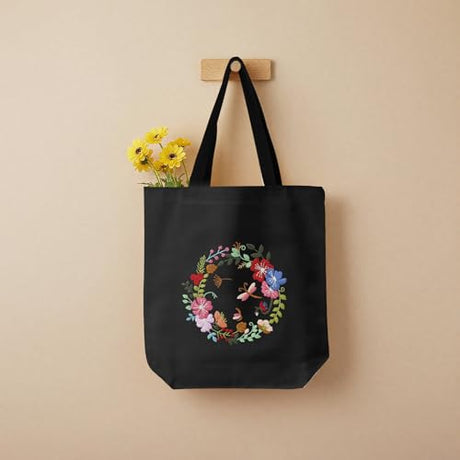 ERKOON Canvas Tote Bag Embroidery Kit for Beginners, Floral Arts Crafts Cross Stitch Kits for Adults Including Stamped Embroidery Bag with Hoops, Needle, Instruction and Color Threads(Wreath) ERKOON