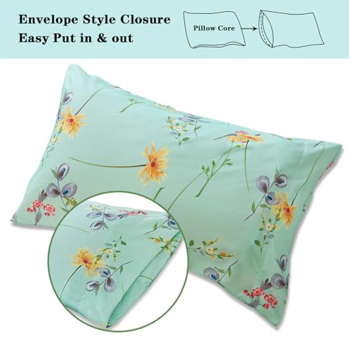 JSD Green Floral Printed Sheet Set Full Size, 4 Piece Soft Botanical Microfiber Sheets Extra Deep Pocket JSD