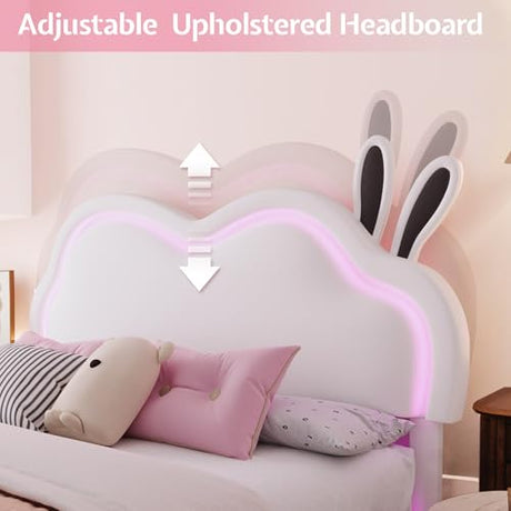 AMERLIFE Floating Full Bed Frame with Adjustable RGB LED Headboard, Leather Upholstered Platform Bed for Kids/Girls,Wood Slats Support, No Box Spring Needed, Easy Assembly, White AMERLIFE