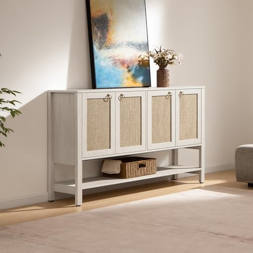 SICOTAS Rattan Sideboard Buffet Cabinet with Open Storage - Large Storage Cabinet with 4-Doors and Adjustable Shelves, Boho Credenza Coffee Bar Cabinets Buffet Table Console Table for Kitchen,Hallway SICOTAS