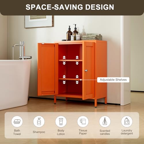 Bevivog Small Bathroom Storage Cabinet, Orange Metal Locker with 2 Doors and 2 Adjustable Shelves, Small Locker Cabinet Sideboard for Home Office, Living Room, Hallway, Entryway Bevivog