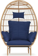 TrailBlaze Wicker Egg Chair, Oversized Patio Chair with Thick Cushion, Steel Frame and Metal Base, Waterproof, PE Rattan Lounge Chair for Indoor & Outdoor Patio, Living Room, and Backyard - Blue TrailBlaze