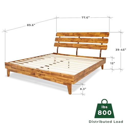 Bme Caden 15 Inch Deluxe Bed Frame with Adjustable Headboard - Mid Century, Retro Style with Acacia Wood - No Box Spring Needed - 12 Strong Wood Slat Support - Easy Assembly - Caramel, King Bme