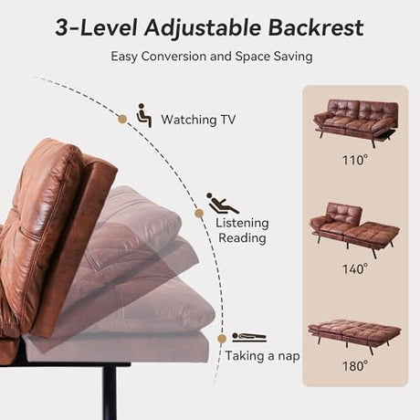 AMICLIBER 71" Convertible Futon Sofa Bed,Brown Faux Leather Futon Couch,Memory Foam Reclining Sleeper Sofa Bed,Modern Folding Small Loveseat Couches for Living Room,Office,Apartment AMICLIBER