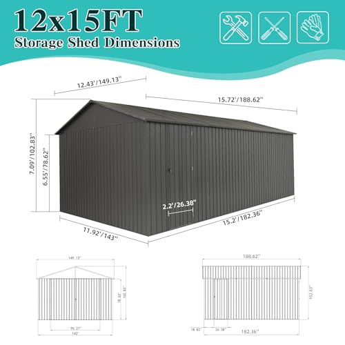 Domi 12x15FT Outdoor Metal Garage Shed, Extra Large Carport with Skylights & Dual-Entry, Backyard Storage Shed for Car, Truck, Lawn Mower and Tool, Dark Grey domi outdoor living
