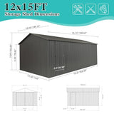 Domi 12x15FT Outdoor Metal Garage Shed, Extra Large Carport with Skylights & Dual-Entry, Backyard Storage Shed for Car, Truck, Lawn Mower and Tool, Dark Grey domi outdoor living