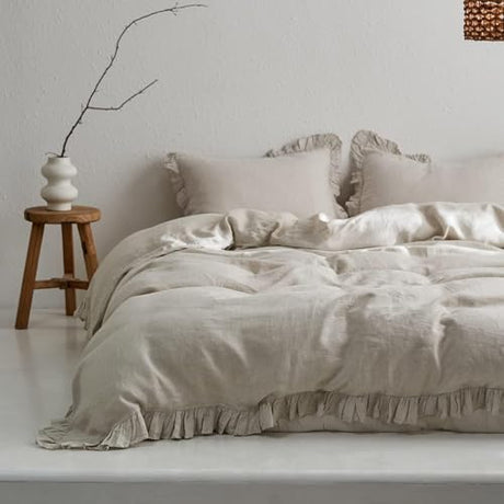 Simple&Opulence 100% Linen Duvet Cover Set, 3 PCS Natural French Flax Ruffle Duvet Cover King Size, Breathable Comfy Linen Bedding Comforter Cover with 2 Pillowcases (Natural Linen, 104" X 92") Simple&Opulence