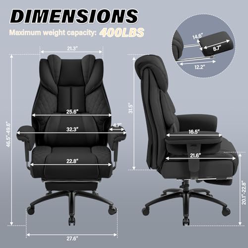 Big and Tall Office Chair 400LBS with Foot Rest & Waist Lumber Support, Ergonomic Gaming Chair with 2D Armrests, High-Back Leather Reclining Executive Chair for Home, Office, Black ChaGeer