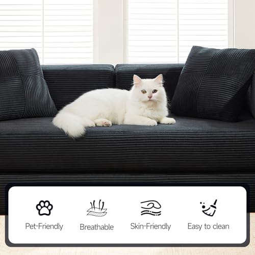 SEQAVRW 79" Boneless Sofa Bed, 5-in-1 No-Assembly Convertible Sleeper Couch with Fixed Frame Armrests, Modular Corduroy Futon, Compressed in a Box for Space Saving (Black, Includes 2 Pillows) SEQAVRW