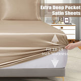 VACVELT 3pcs Extra Deep Pocket Satin Fitted Sheet Set King Bed Set, Beige Bottom Sheet Fit 18-24 Inch Deep Pocket Mattress, Silky Bedding Set Soft & Ultra Deep Fitted Sheet & 2 Pillowcase VACVELT