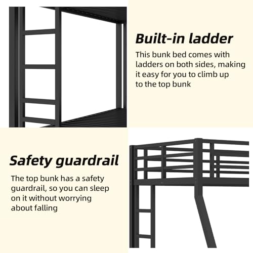 HKOLIE Twin Over Full Bunk Bed, Metal Bunk Bed Frame Heavy Duty Bunk Beds Loft Bed Frame with Ladder and Guardrail Metal Slats No Box Spring Required for Adults Teens, Black HKOLIE