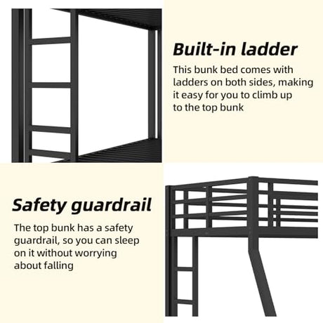 HKOLIE Twin Over Full Bunk Bed, Metal Bunk Bed Frame Heavy Duty Bunk Beds Loft Bed Frame with Ladder and Guardrail Metal Slats No Box Spring Required for Adults Teens, Black HKOLIE