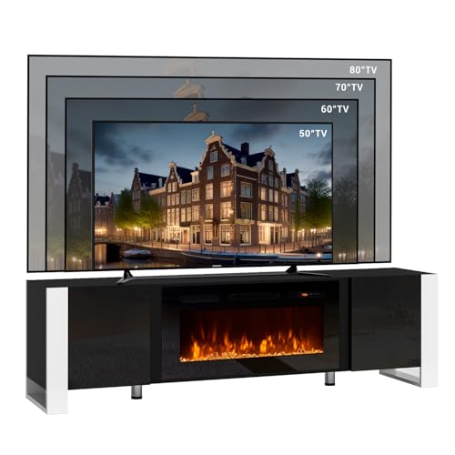 Breezestival 70" Fireplace TV Stand with Fireplace for TVs UP to 80", Electric Fireplace Entertainment Center with LED Lights & Storage Cabinets, TV Stand with Two Hinged Doors for Living Room, Black