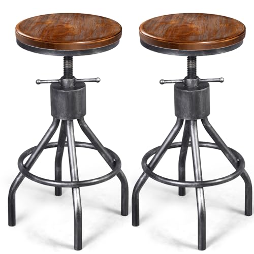 LOKKHAN Set of 2 Industrial Bar Stool-Vintage Adjustable Round Wood Metal Swivel Bar Stool-Cast Iron-23-30 Inch Tall Counter Bar Height Farmhouse Kitchen Stools - WoodArtSupply