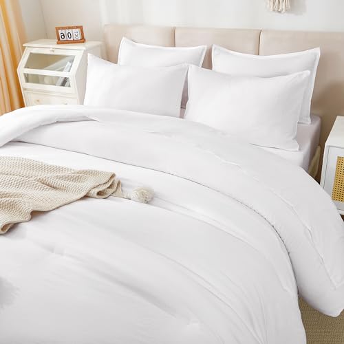Litanika Comforter Full Size Set White - 7 Pieces Bed in a Bag Full Bedding Comforter Sets, Plain Lightweight Bed Set with Comforter, Sheets, Pillowcases & Shams Litanika