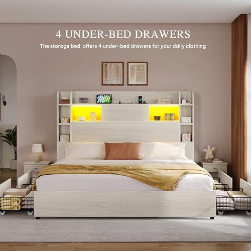 YITAHOME King Bed Frame with Bookcase Headboard and 4 Storage Drawers, RGB LED Light Bed with Type-C & USB Charging Station Storage Headboard Bed Frame, No Box Spring Needed, Noise Free, Antique White YITAHOME