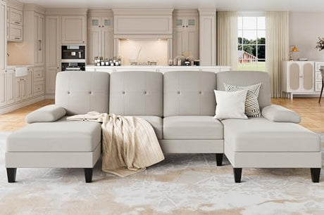 JAMFLY Sectional Sofa Couches for Living Room, 4 Seat U-Shaped Sofa Couch Living Room Furniture Sets Clearance with Double Chaises, Beige JAMFLY