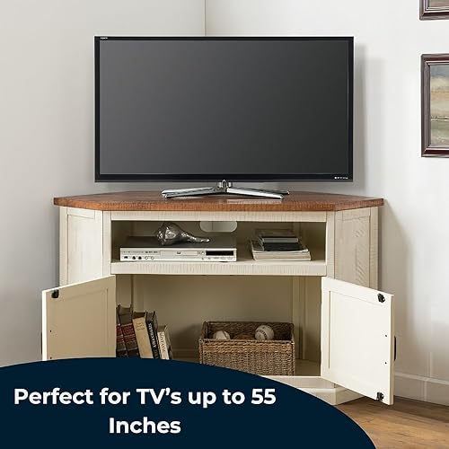 Martin Svensson Rustic Solid Wood TV Stand - Antique White and Honey Tobacco Finish - Hexagonal Shape and Farmhouse Design Entertainment Center with Shelves Included Martin Svensson Home