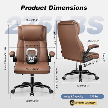 BESTFAIR Ergonomic Office Chair - Home Desk Computer Chair, Leather High Back Executive Chairs with Adjustable Lumbar Support & Flip-up Arms, Rocking Swivel Comfy, Brown BESTFAIR