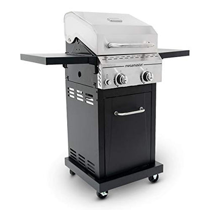 Megamaster 2-Burner Propane Barbecue Gas Grill with Foldable Side Tables, Perfect for Camping, Outdoor Cooking, Patio, Garden Barbecue Grill, 28000 BTUs, Silver and Black, 720-0864MA