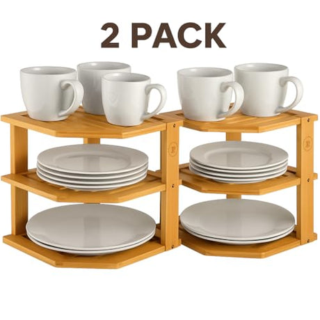 2-Pack Plate Organizer for Cabinet - Bamboo Corner Shelf for Kitchen or Bathroom Storage, Space-Saving Rack for Dishes, Countertop, Cabinet, Pantry - Organization & Housewarming Gift Bambüsi