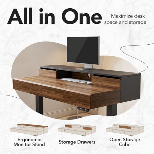 HUANUO Standing Desk with Drawers, 48 Inches Electric Height Adjustable Desk with Storage, Whole-Piece Board Sit Stand Up Desk with Monitor Shelf, Black Walnut HUANUO