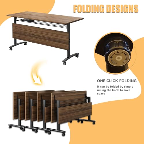 Folding Conference Table,55.1 inch Mobile Meeting Seminar Table with Wheels,Sturdy Rectangular Business Training Tables with Strong Metal Frame,Modular Conference Room Tables for Office Boardroom VORDERRY