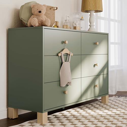 Storkcraft California 6-Drawer Double Dresser (Olive with Driftwood) - GREENGUARD Gold Certified, Interlocking Drawer System, Dresser Drawer Organizer for Kids Bedroom STORKCRAFT