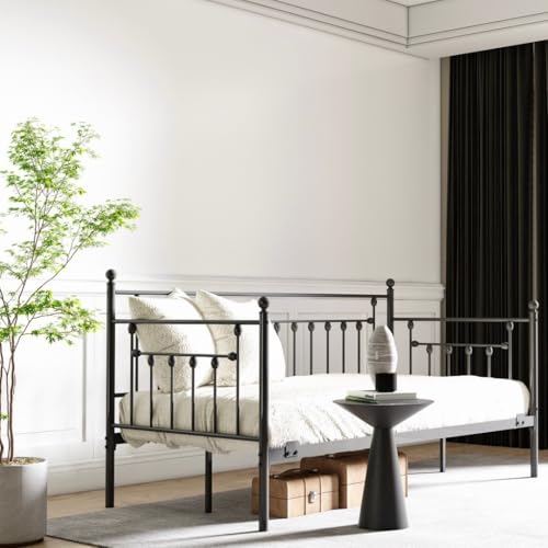 Golden Gate Beds Daybed Frame with Headboard, Without Trundle, Heavy Duty Metal Frame & Steel Slats Foundation, Upholstered Stylish Sofa Bed for Living Room, Bedroom, Guest Room - Black, Twin Size AMBEE21