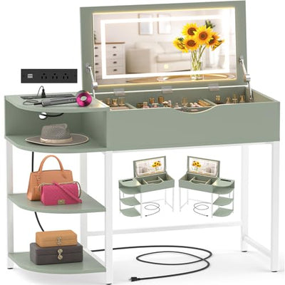 Cyclysio Vanity Desk with Flip Top Mirror and Lights, Makeup Vanity Desk with Drawers, Dressing Table with Storage Shelves & Charging Station, Small Vanity for Small Spaces, Green